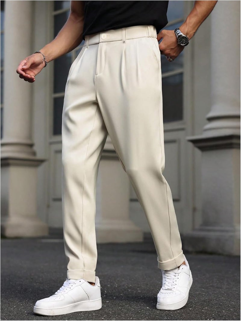 OYOANGLE Men's Dress Pants Zipper Fly Pleated Business Casual Skinny Tapered Trousers - Image 3
